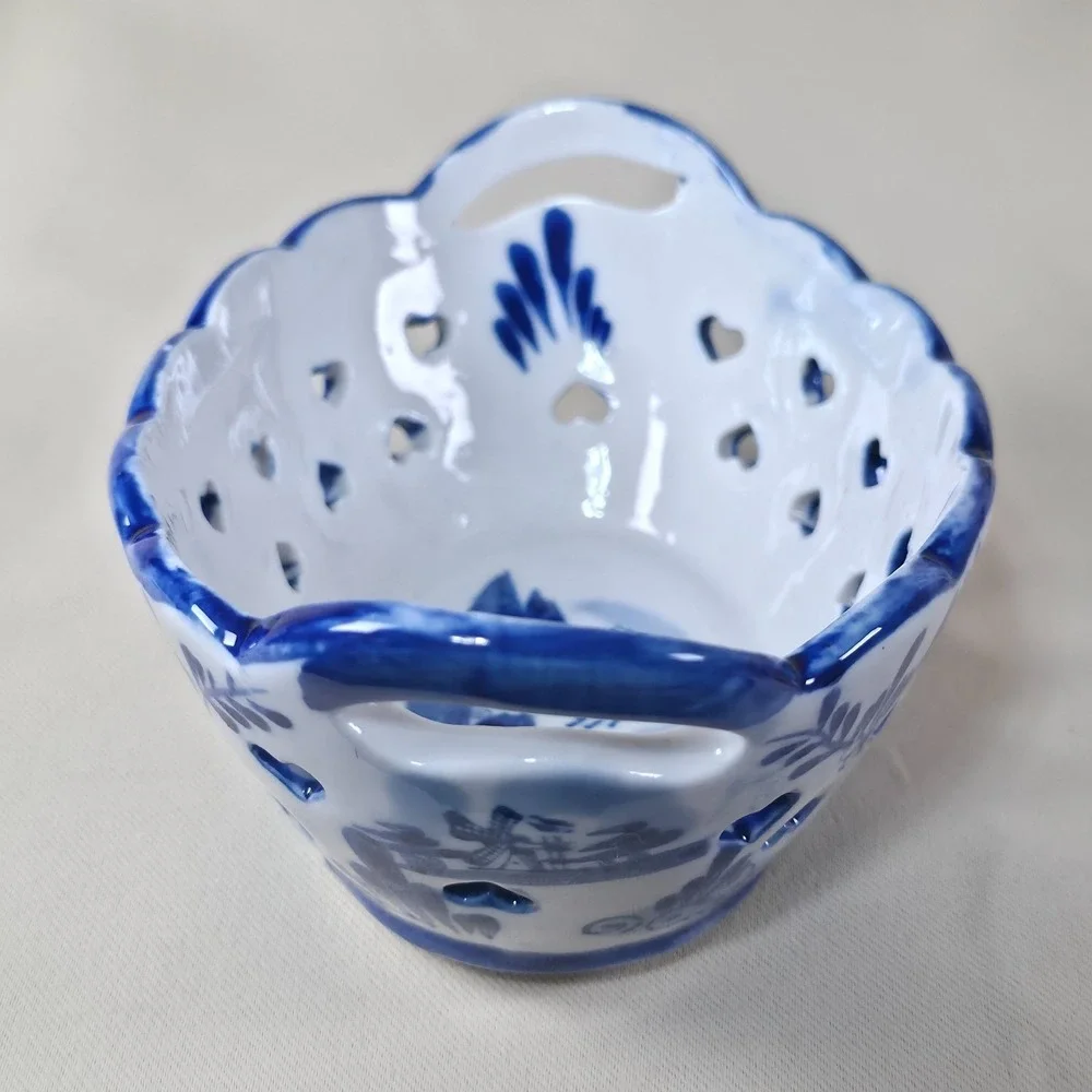 Vintage Delft Style Blue White Ceramic Basket Windmill Punched Hearts Hand Paint